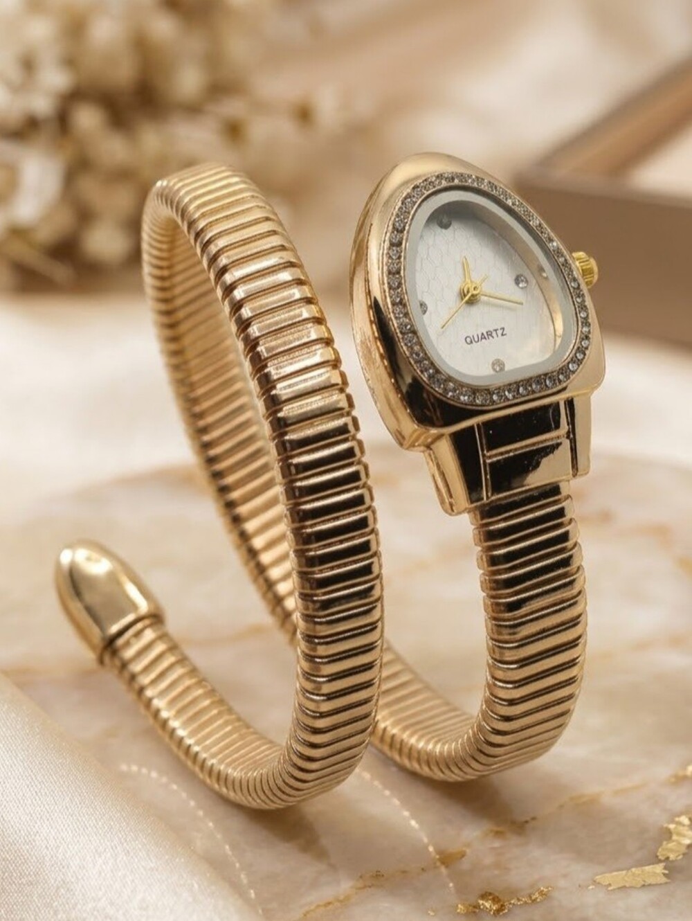 Gold Serpenti Style Snake Wrap Coil Quartz Watch Crystal Bezel
